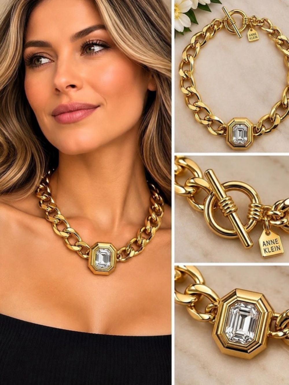 Anne Klein Gold-Tone Emerald-Cut Crystal Toggle Statement Necklace